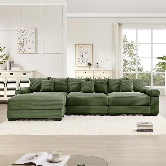 KEIKI 130" L-Shaped Oversized Corduroy Modular Cloud Sectional Sofa with 1 Ottoman, High-Density Foam Cushion, Extra-Thick Armrest, 3-Seater Fluffy Corner Couch with 9 Pillow, for Living Room, Green