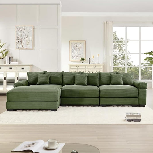 KEIKI 130" L-Shaped Oversized Corduroy Modular Cloud Sectional Sofa with 1 Ottoman, High-Density Foam Cushion, Extra-Thick Armrest, 3-Seater Fluffy Corner Couch with 9 Pillow, for Living Room, Green