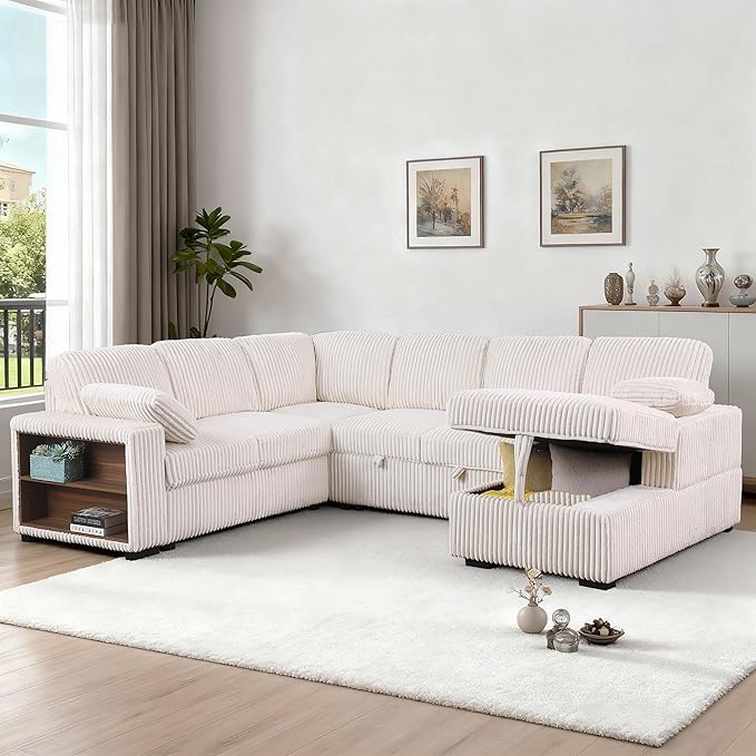 ERYE Oversized U-Shaped Pull Out Sleeper Couch Bed, Modern U Shaped Sleeper Sectional Sofa Corduroy Corner Convertible Sofa Bed with Storage Chaise Lounge and Cabinet