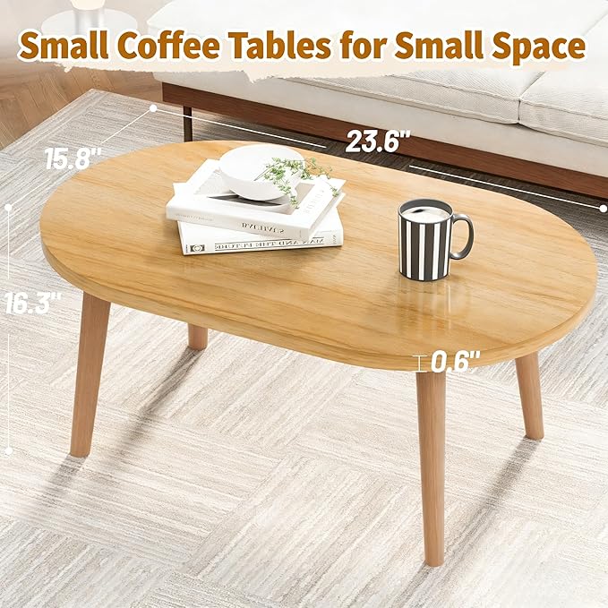 Coffee Table Low Table with 4 Solid Wood Leg, Floor Table Desk for Sitting on The Floor, Small Oval Coffee Table for Small Space, Side Table Japanese Coffee Table for Living Room Apartment Home, Brown