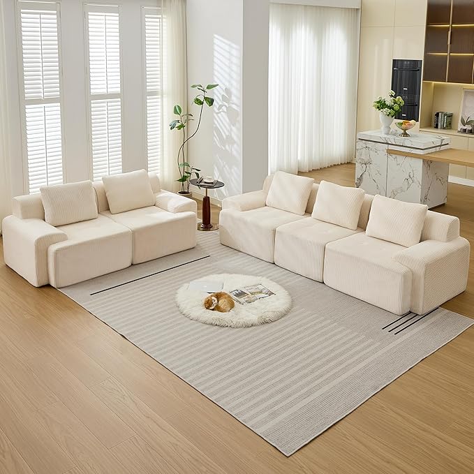 Modular Sectional Sofa, 6 Seat Modular Couch, Modular Sofa with Deep Seat and Detachable Pillow (White, Rowshape 2 Side)
