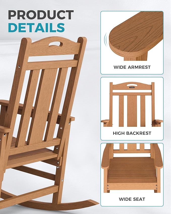 Ciokea Oversized Outdoor Rocking Chairs Set of 3, 380lbs Heavy-Duty Large Patio Rocker, High Back Cozy Porch Chairs, Weather Resistant Patio Rocking Chairs for Outside, Fire Pit, Deck, Teak - Image 6
