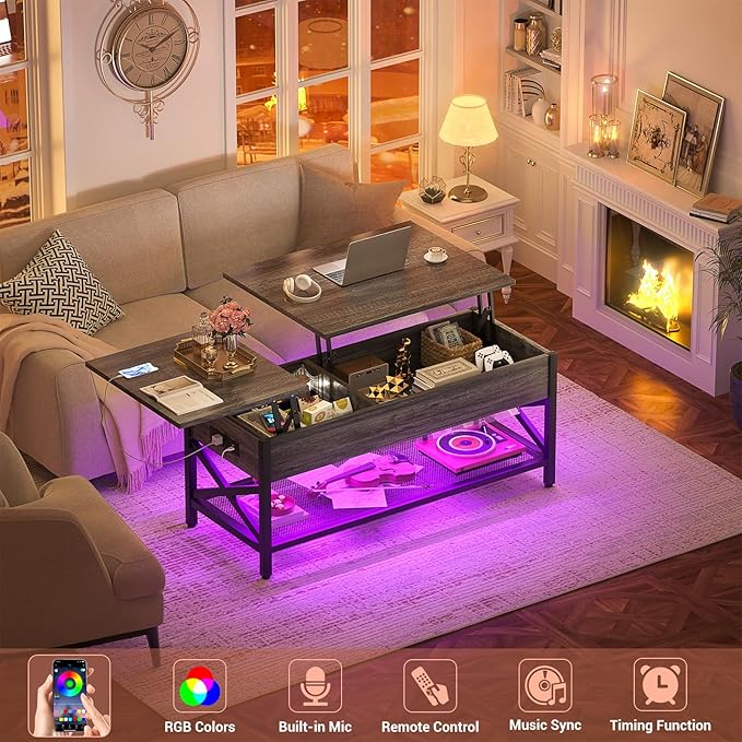 Coffee Table, Lift Top Coffee Table with Storage, LED Light & Power Outlet and Hidden Compartment, Retro Center Table for Living Room, X Support Wood Tabletop, Metal Frame, Black Oak
