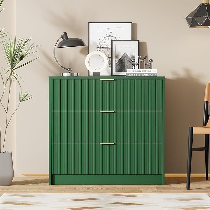 Furniway Green Dresser Bedroom Set 3 Pieces, Nightstands Sets of 2, 5 Drawer Dresser with Gold Handles for Bedroom