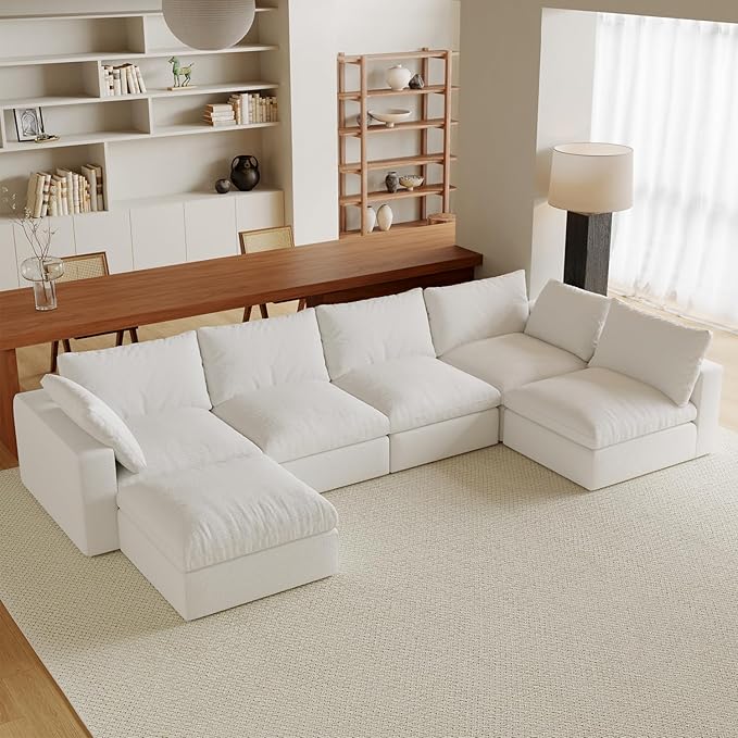 Acanva Modular U-Shaped Sectional Cloud Couch, Free Combination Minimalist Sofa, Convertible to DayBed with Shredded Latex Filled Cushion and Removable Slipcovers for Living Room, 5 Seater + Ottoman