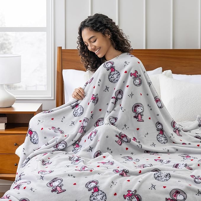 Berkshire Peanuts® VelvetLoft® Cute Character Snoopy Plush Blanket,Over the Moon for You Light Grey,Full/Queen 90 in x 90 in (Official Peanuts® Product)