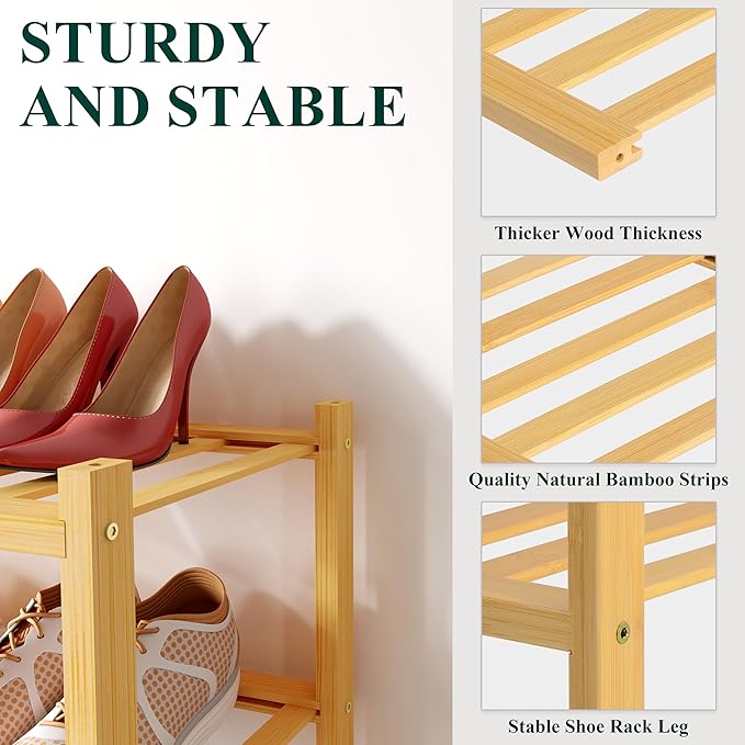 Smiry Bamboo Shoe Rack for Closet, 3 Tier Wooden Stackable Shoe Organizer, Free Standing Shoes Storage Shelf for Entryway, Front Door Entrance, Natural - Image 3
