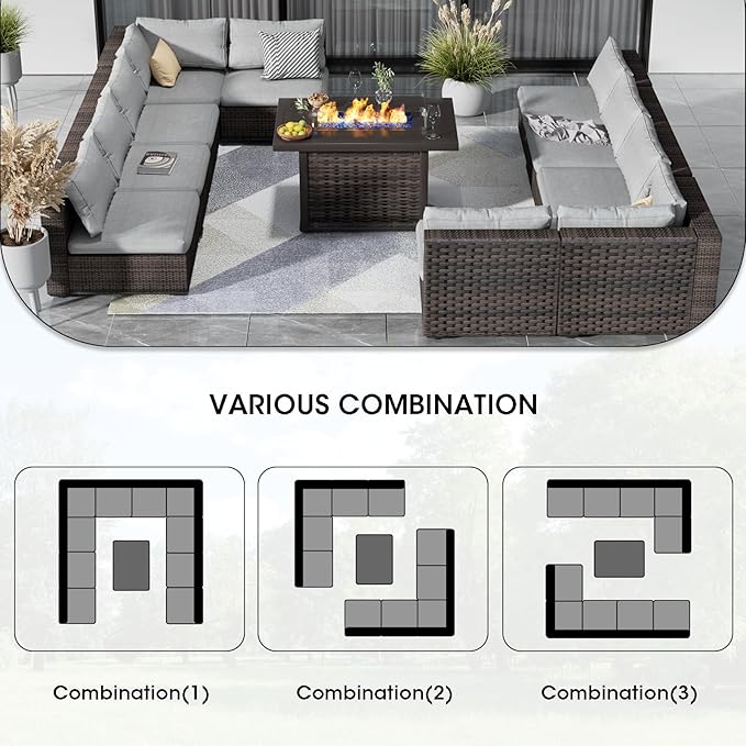 Patio Furniture Set 11 Pieces with 44" Fire Pit Table, Rattan Outdoor Sectional Conversation Sets, All Weather Outdoor Furniture Set with Cushions for Garden Lawn Balcony Porch Deck Grey