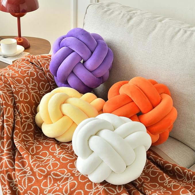 Knot Ball Pillow, Round Decorative Throw Pillows Cushion, 8 Inch Orange Soft Plush Knotted Pillows Pillow, Modern Home Throw Knot Decorative Cushion