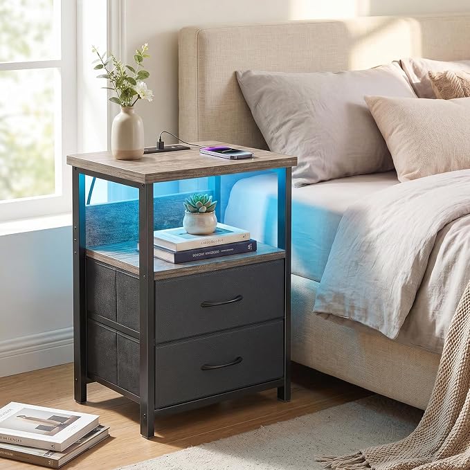 Fixwal Night Stand with Charging Station, LED Nightstand with U-S-B Ports and Outlets, 2 Fabric Storage Drawers with PU Finish, Bed Side Table, French Oak - Image 2