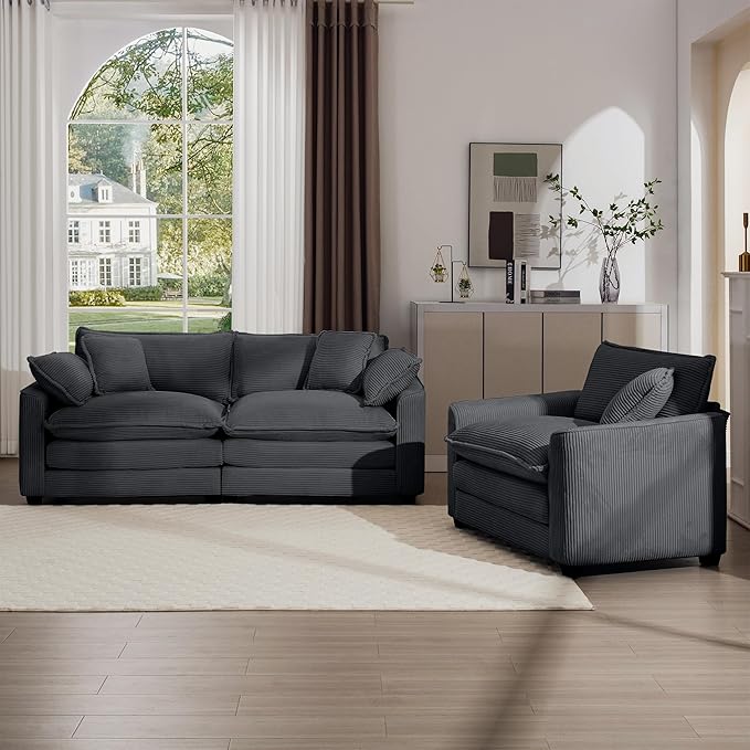 KEIKI 2-Piece Sofa Set with 1 Oversized Corduroy Loveseat Sofa & 1 Single Sofa, Upholstered 3-Seater Couch Set with 5 Pillow, High-Density Foam Cushions, Removable Armrests, for Living Room, Grey