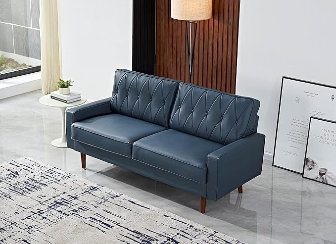 Container Furniture Modern Style Faux Leather Sofa with Elegant Round Tapered Legs and Button Tufted Backrest Perfect for Living Room, Bedroom or Home Office, 69.3’’ Wide, Blue