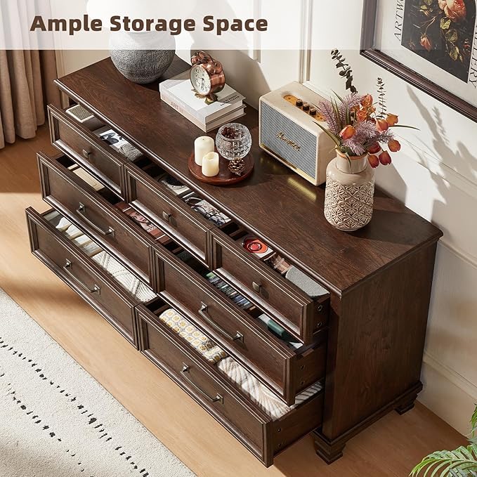 SAVOR LIFE Farmhouse Dresser and Nightstand Sets 4 Piece, 5/7 Drawer Dresser & 2 Drawer Nightstand Set, Rustic Wood Bedroom Furniture Set for Home, Bedroom, Hallway, Walnut