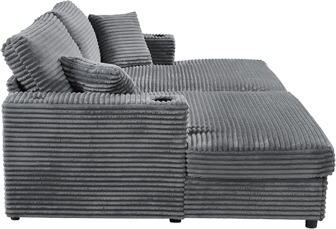 86.5" Oversized Double Chaise Lounge Indoor Corduroy Upholstered Sofa Bed , Deep Seat Lounger Loveseat Recliner Daybed with Dual USB Ports , Two Cup Holders and Throw Pillows for Living Room Bedroom