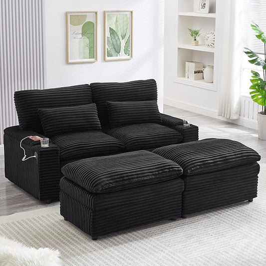 Modular Sectional Sofa Convertible Loveseat Couch,2-Seater Deep Seat Loveseat Sofas Fluffy Corduroy Cloud Couches with Movable Ottoman, Storage Armrest,USB Ports, Cup Holders