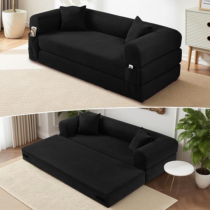 80" Convertible Sofa Bed, Corduroy Deep Seat Folding Pull Out Couch with Pillows, No Assembly Modern Boneless Couch Compression Sofa in Box, Floor Sofa with Storage Pocket for Living Room,Black