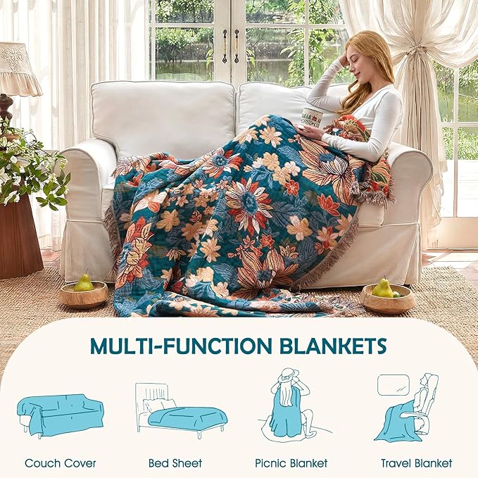 Boho Throw Blanket - 100% Cotton Ultra Soft Muslin Blanket, 50"x60" Lightweight Floral Framhouse Bedding Spring Blanket for Bed, All Season Green Bohemian Bedroom Home Decor Quilt
