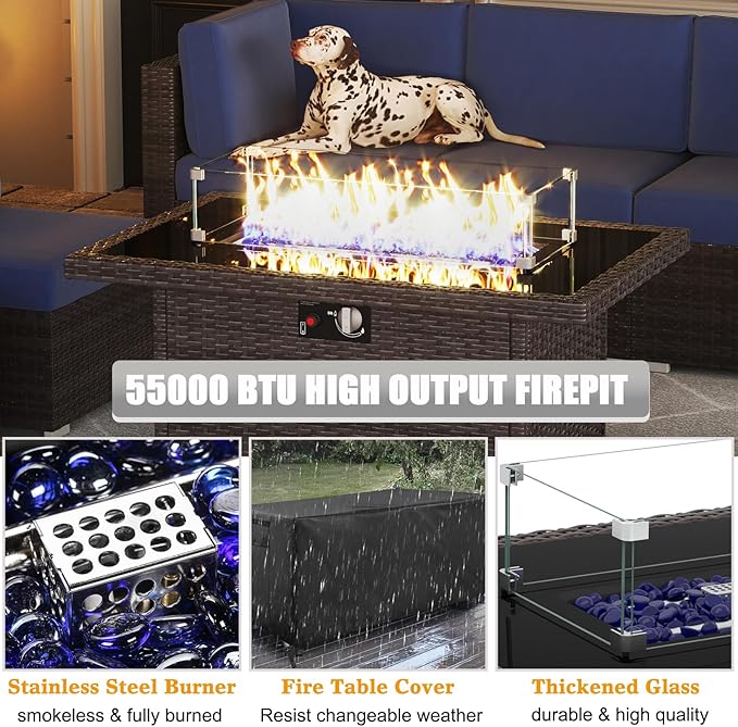 LayinSun 13 Pieces Outdoor Patio Furniture Set with 44" Fire Pit Table Brown Rattan Sectional Sofa Conversation Sets