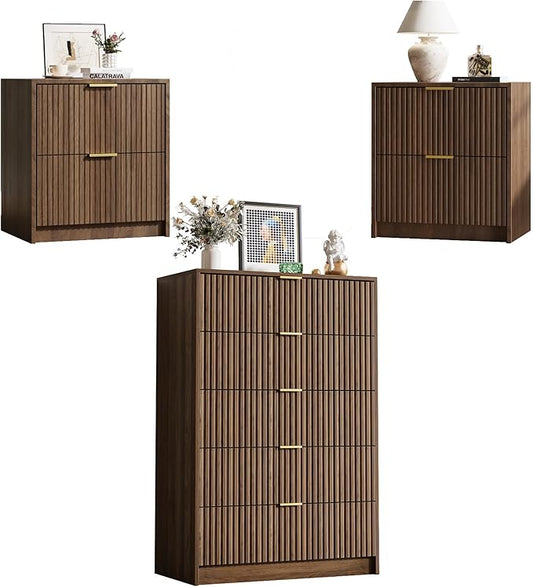 MAISONARIA 3-Piece Dresser Bedroom Set, 5 Drawer Dresser & 2 Drawer Nightstands with Gold Handles, Fluted Wood Chest of Drawers for Bedroom, Living Room, Entryway, Walnut