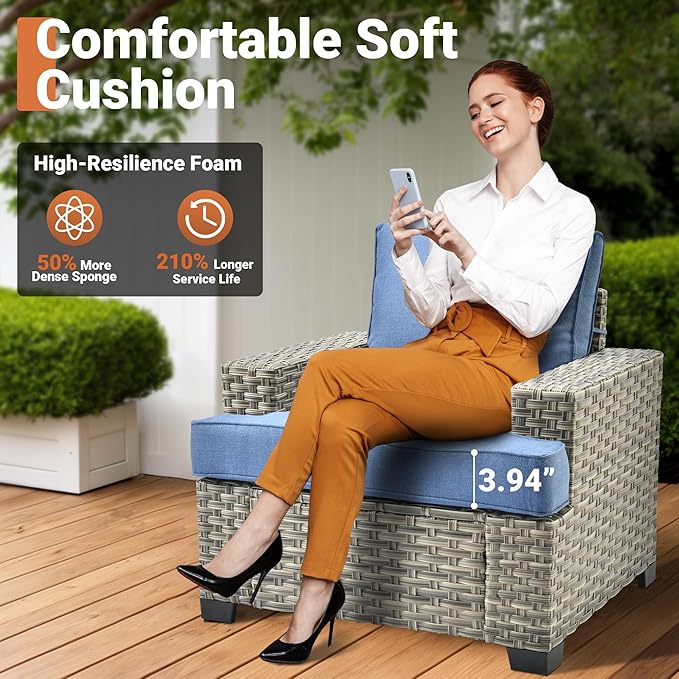 ovios 9 Piece Patio Sectional Furniture with Swivel Rocking Chairs, Rattan Wicker Coversation Set with Glowing Coffee Table, Outdoor Sofa Set for Outside Porch Balcony Backyard Pool, Blue