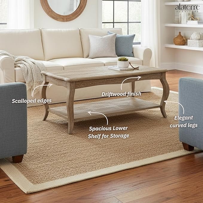 Alaterre Furniture Austerity 42-Inch Rustic Coffee Table with Open Shelf, Curved Legs, and Scalloped Edge - Easy Assembly Reclaimed Wood Living Room Table - Farmhouse Furniture (Driftwood Finish)