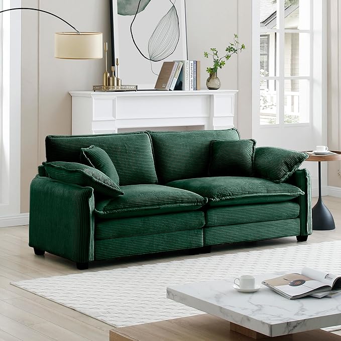 KEIKI 81" Oversized Corduroy Modular Sectional Loveseat Sofa with High-Density Foam Cushions, Removable Armrests, Upholstered Modern 2-Seater Fluffy Corner Couch with 4 Pillow, for Living Room, Green