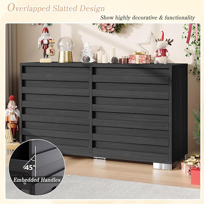 LUXOAK 3 Pcs Bedroom Furniture Set - Includes Farmhouse 6 Drawer Dresser and Nightstand Sets of 2 with Charging Station, Slated Handles & Stainless Steel Feet, Black