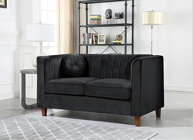 Arvilla 3 Piece Velvet Sofa Set with Bolster Pillows, Mid Century Modern Design, Chesterfield-Inspired Couch, Loveseat and Chair for Living Rooms, Midnight