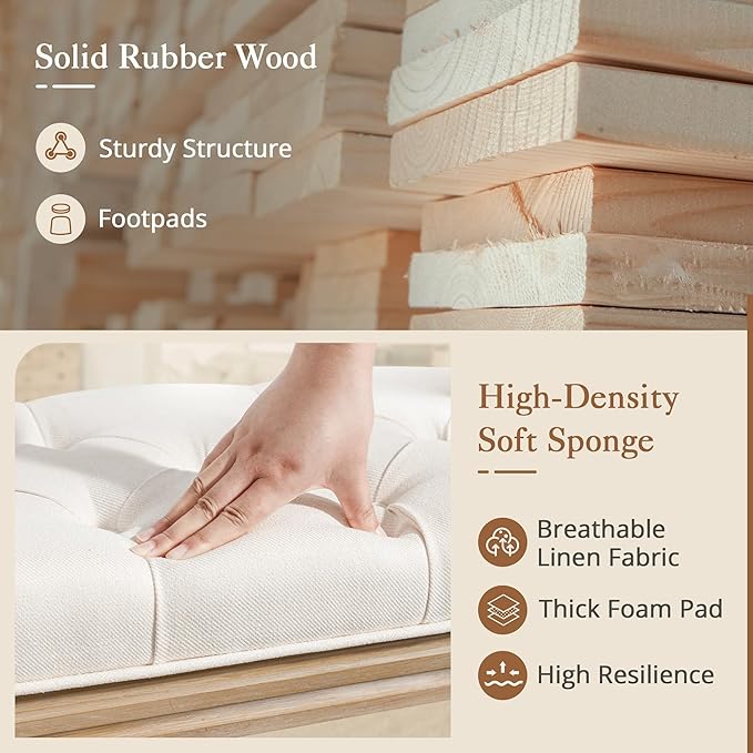 LUE BONA 44" Bedroom Bench, Fabric End of Bed Bench, Upholstered French Tufted Ottoman Bench with Carved Wood Legs for Bedroom End of Double Full Queen Size Bed, Living Room, Beige - Image 7