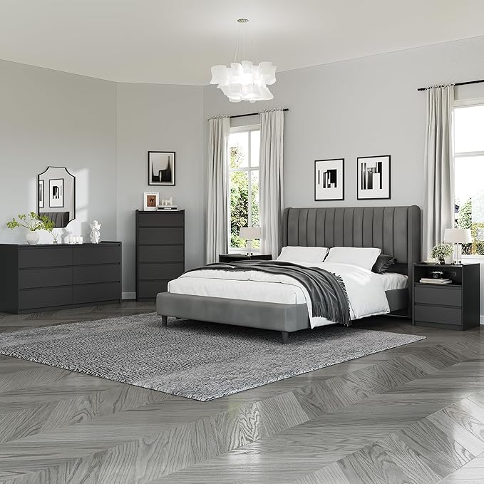 Modern 3PCS Bedroom Furniture Set with 6-Drawer Storage Dresser and 2 Nightstands, Raised Edge, USB & Type-C Ports, AC Outlets, and Open Shelf for Bedroom or Apartments, Black