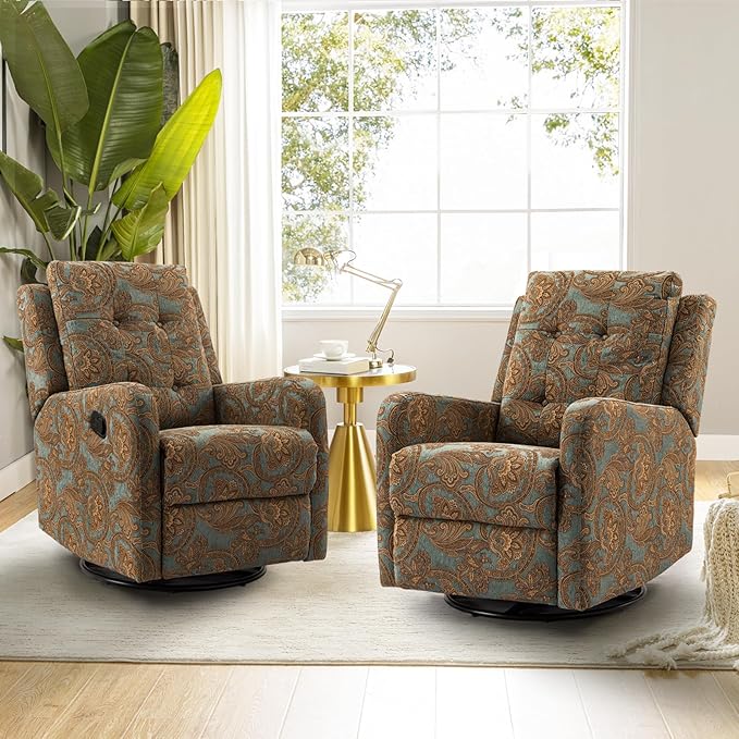 HULALA Home Recliner Chair Set of 2, Modern Printed Fabric for Living Room, Rocker Recliner Sofa Comfy Armchair 360 Degree Swivel, Nursery Rocking Chairs with Adjustable Backrest & Footrest/Teal