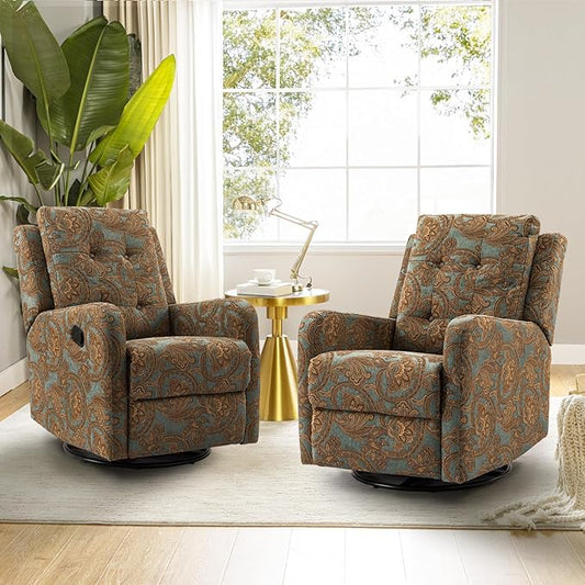 HULALA Home Recliner Chair Set of 2, Modern Printed Fabric for Living Room, Rocker Recliner Sofa Comfy Armchair 360 Degree Swivel, Nursery Rocking Chairs with Adjustable Backrest & Footrest/Teal