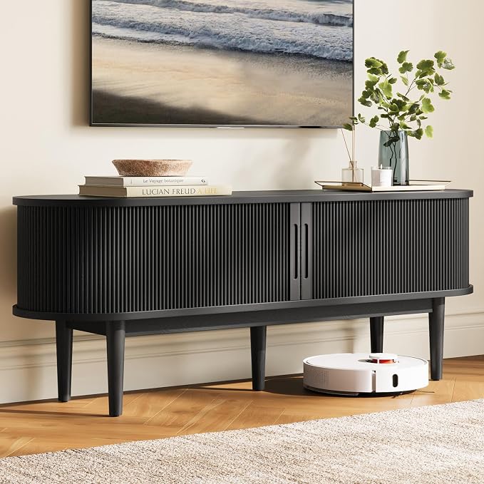 LINSY HOME 58" Fluted TV Stand for TVs up to 65 Inch, Mid Century Modern Entertainment Center with Storage Cabinet and Sliding Doors, Farmhouse Wood Media TV Console for Living Room, Bedroom, Black - Image 2