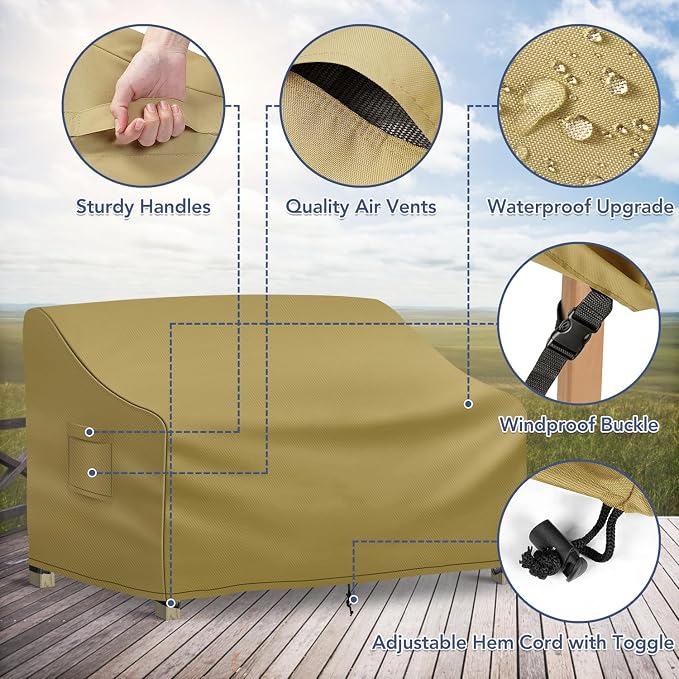 Richwon Outdoor Couch Cover Waterproof, 4-Seater Outdoor Sofa Cover, Patio Furniture Covers with Air Vent and Handles, 104W x 40D x 33H Inches, Khaki - Image 3