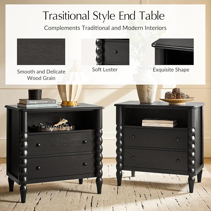 HULALA HOME Farmhouse Storage End Table with Spindle Columns, 2 Drawers and Open Shelf Side Table, Solid Wood Fluted Side Table with Charging Station, Black - Image 6