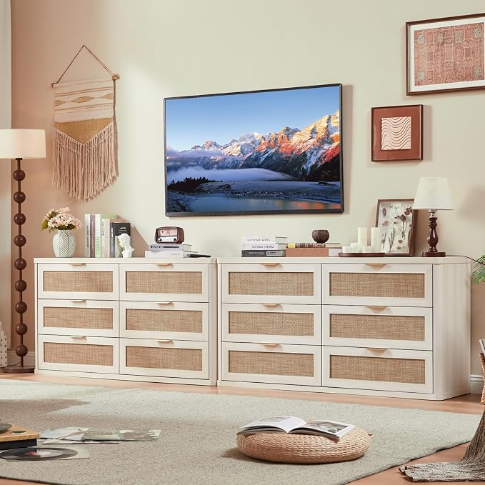 LEYAOYAO Rattan 6 Drawer Dresser for Bedroom Set of 2, Boho 54" Wide White Dresser Chest of Drawers, Dressers TV Stand with Metal Handle, Storage Dressers Closet Organizer for Living Room, Hallway by LEYAOYAO-Findtheshiningpointofyourideallife%EF%BC%81