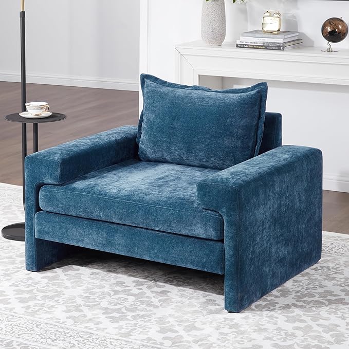 Christopher Knight Home Aylen Modern Chenille Upholstered Accent Chair with Wide Armrests, Wooden Living Room Club Chair, Bedroom Comfy Reading Chair with Back Pillow, Blue
