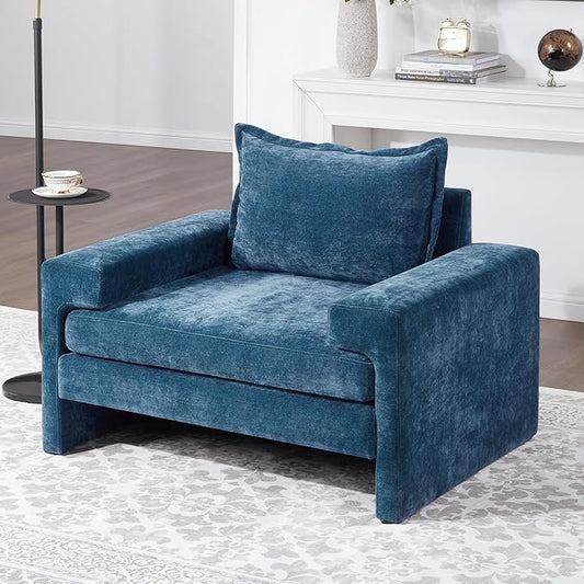 Christopher Knight Home Aylen Modern Chenille Upholstered Accent Chair with Wide Armrests, Wooden Living Room Club Chair, Bedroom Comfy Reading Chair with Back Pillow, Blue