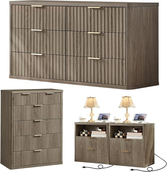LEYAOYAO Fluted Dressers & Nightstand Set of 4, Wood 48" Wide Dresser & 42" Tall Chest of Drawers,Modern Bedroom Furniture Sets, Grey Wooden Nightstand Set of 2 with 2 Drawers & Charging Station