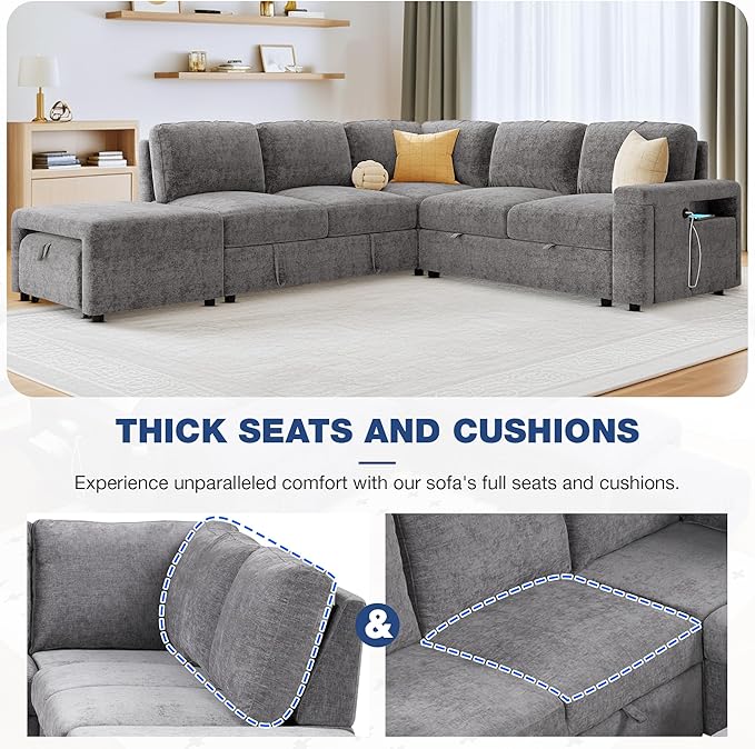 ERYE L-Shaped Multifunctional Sleeper Sectional with Hidden Storage and Cupholders, Modern Pull Out Sleeper Convertible Sofa Bed W/Storage Chaise, Ottoman, USB-C Ports