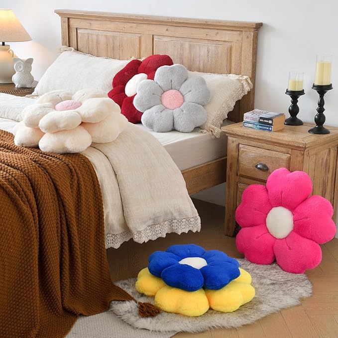 Flower Shaped Pillow, Cute Decorative Throw Pillows with Soft Rabbit Fur for Couch Bed Chair Floor, Christmas Pillow Seating Cushions with Room D??cor for Bedroom Living Room(14.9 Inches, Claret)