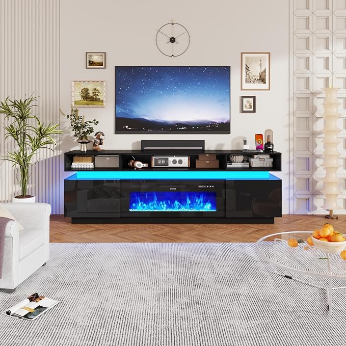 chartustriable Fireplace TV Stand for 95" TV, 83" LED Entertainment Center with 40" Fireplace & Power Outlets, High Gloss TV Stand, Gaming TV Media Console for Living Room, 83 Inch, Black - Image 8