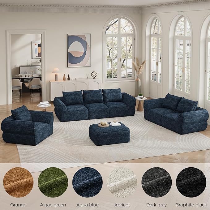 104" Modular Sectional Sofa with Deep Seat, Comfortable Upholstery L Shaped Cloud Couch for Living Room, 3-Seater Boneless Sofa with Movable Ottomans, Removable Cover, No Assembly Required, Aqua Blue