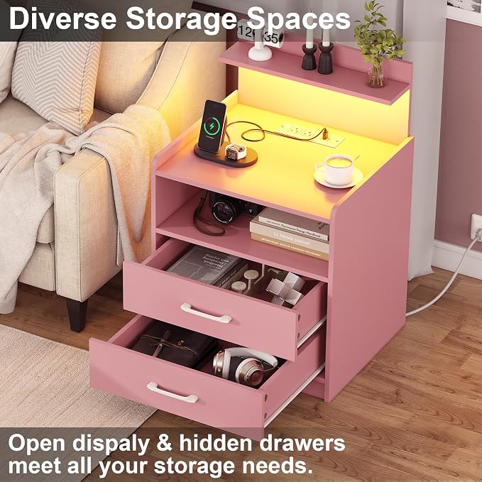 LED Nightstand with Charging Station, Night Stand with 2 Drawers and Open Storage, Bedside Table with LED Lights, Modern End Table with USB Ports Outlets, Pink - Image 4