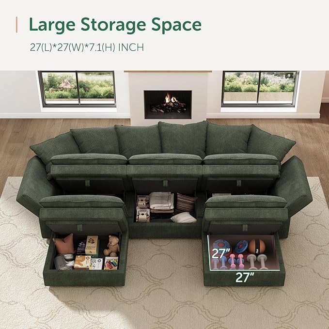 HONBAY Modular Sectional Sofa, 105.5 Inch Deep Seat U Shaped Couch with Storage & Adjustable Armrest Backrest, Green