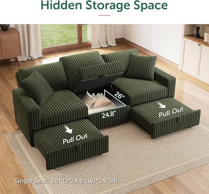 HONBAY 94.5 Inch Sectional Sofa, Modular L & U Shaped Pull Out Couch with Adjustable Backrest & Storage, Velvet Green