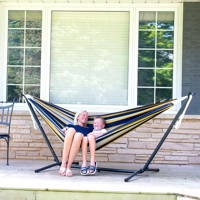 Vivere Double Cotton Hammock with Space Saving Steel Stand, Upgraded Polyester End Strings 450 lb Capacity - Premium Carry Bag Included - USA Grown Cotton (Serenity) - Image 5