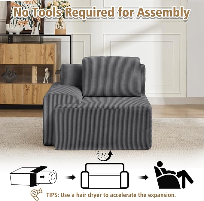 KIGOTY Modular Sectional Sofa, Comfy Cloud Sectional Couch with Left Armrest, Corner Couch, Modern Boneless Sofas for Living Room, No Assembly Required, Grey