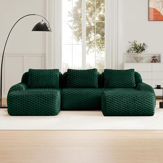114" U-Shaped Compressed Sectional Cloud Sofa, Flannel Upholstered Modular Deep Seat Sofa with 5 Pieces, Symmetrical Boneless Foam Modular Cloud Couches for Living Room