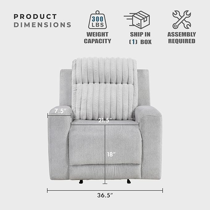 Lexicon Modern Recliner Chair for Living Room, Manual Wall Hugger Textured Microfiber Reclining Chair, Plush Corduroy Channel Seat Back, Manual Recliner, Light Gray
